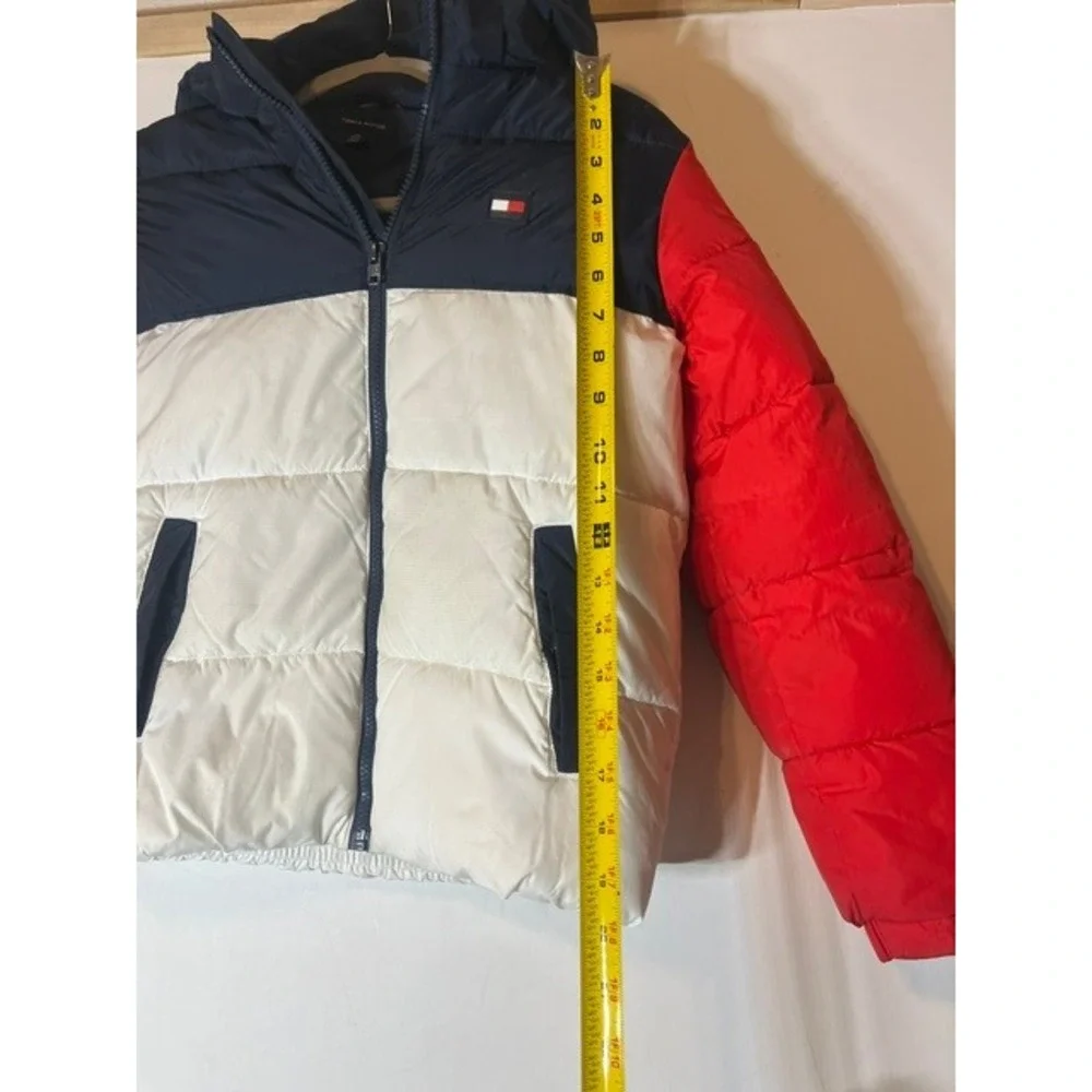 Tommy Hilfiger Kids Red White Blue Colorblock Hooded Puffer Jacket Size M 8-10